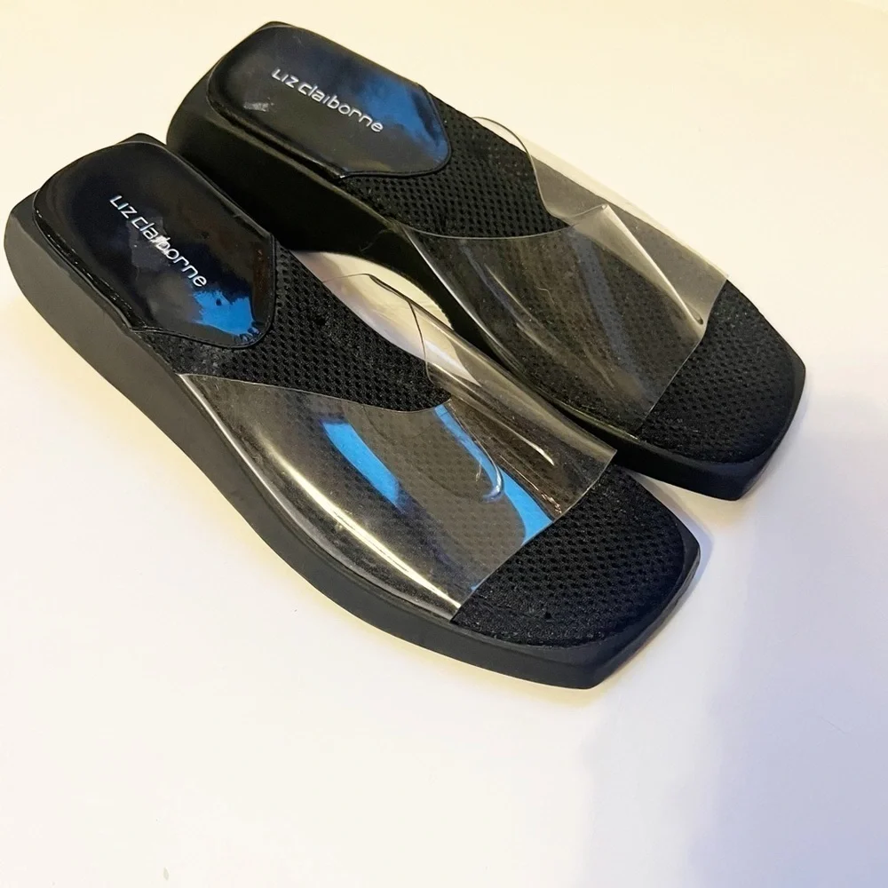 Liz Claiborne Clear Band Black Beach Platform Slides